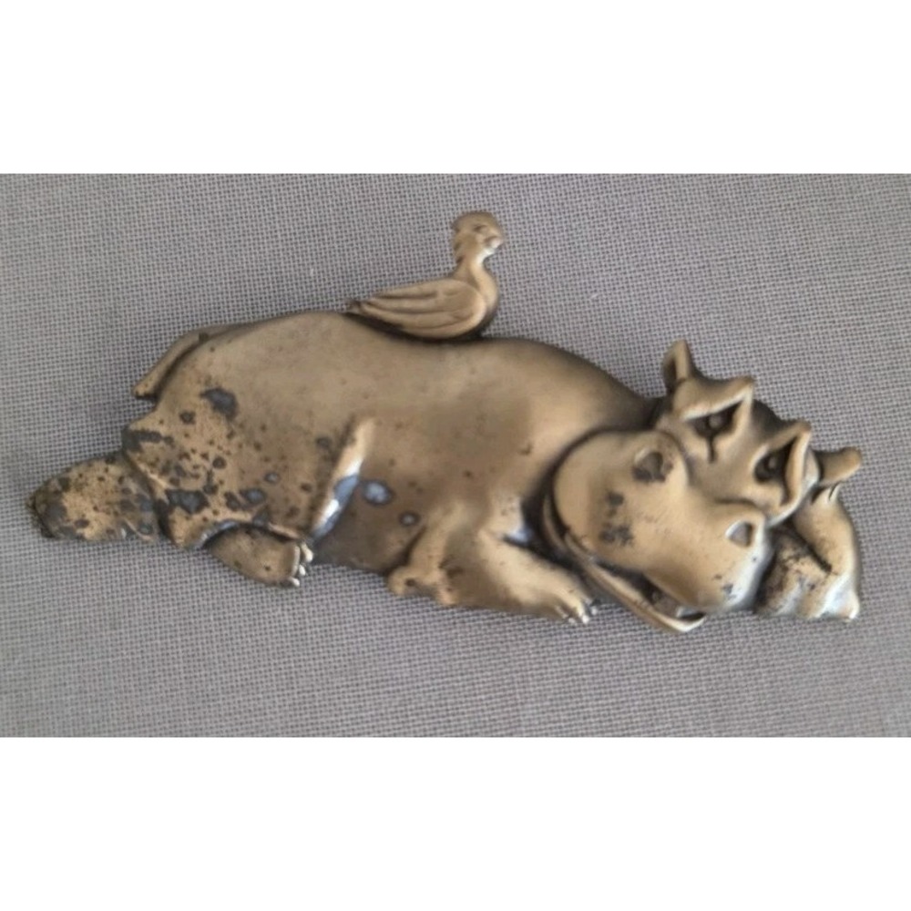 VTG Brass Hippo Pin Brooch Hippopotamus Oxpecker Bird Animal Jewelry Kitschy
